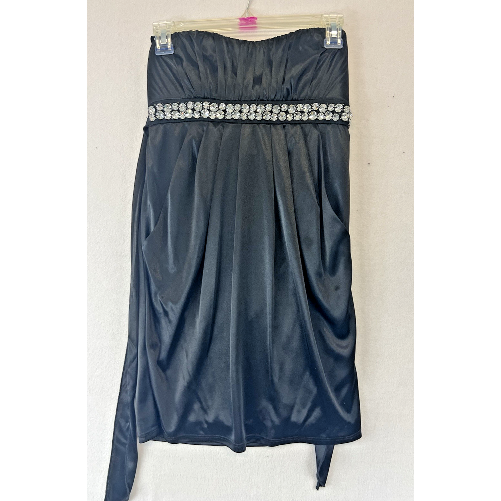 Vintage Deb Black Dress Small Y2k Strapless Rhinestones Pockets Satin Mini Hoco